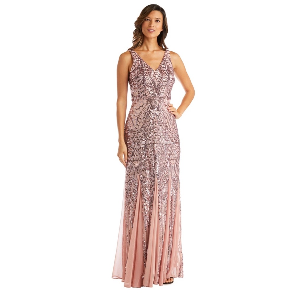 Nightway Rose Gold Sleeveless Embellished Gown